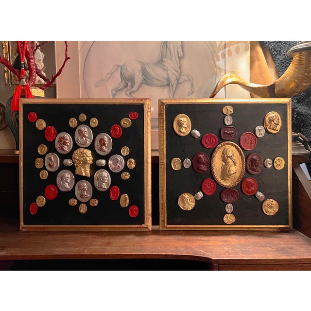 Wood Pair of Venetian Baroque Style Gold & Silver Leaf Cameo Intaglio Classical Grand Tour Collection For Sale - Image 7 of 16