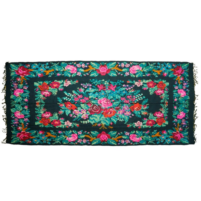 Vintage Romanian-Moldovan Handwoven Wool Flatweave Rug with Dark Floral Folk Pattern and Fringe, 1970s For Sale - Image 14 of 14