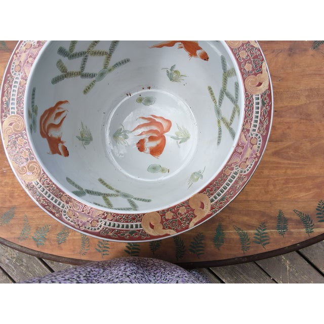 Chinese Large, Vintage Red and Gold Chinese Porcelain Fish Pot For Sale - Image 3 of 9