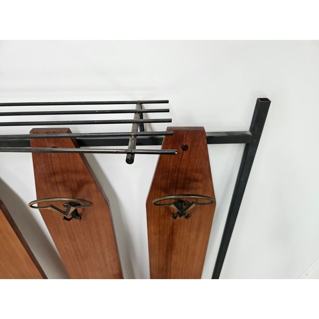 Iron and Teak Wall Coat Rack with Brass Hangers, 1960 For Sale - Image 4 of 10