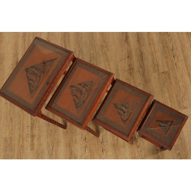 Mid 20th Century Chinoiserie Carved Hardwood Glass Top Nesting Tables - Set of 4 For Sale - Image 5 of 13