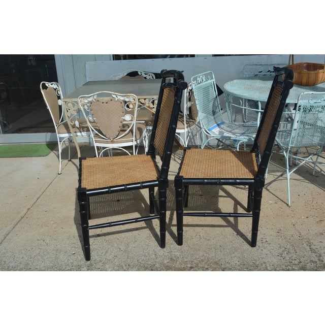 Pair Black Bamboo & Cane Colonial Noir Side / Dining Chairs For Sale - Image 4 of 17