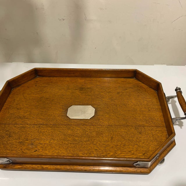 English Late 19th Century English Oak Gallery Tray With Silver Plated Mounts For Sale - Image 3 of 4