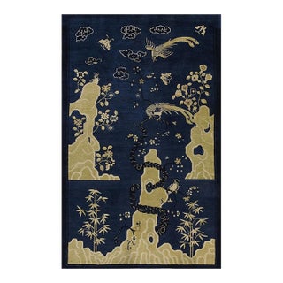 1920s Navy Blue Scene Pictorial Antique Chinese Peking Carpet Knotted Small Rug For Sale