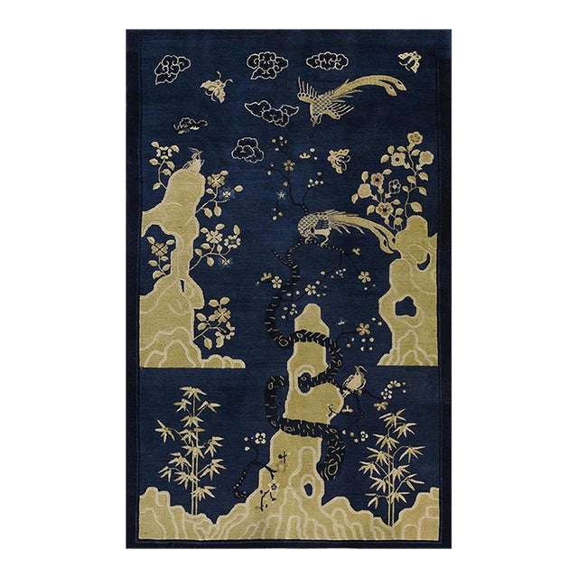 1920s Navy Blue Scene Pictorial Antique Chinese Peking Carpet Knotted Small Rug For Sale