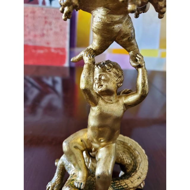 Art Nouveau Antique French Bronze Cupid Cherub Putti Candle Holder For Sale - Image 3 of 7