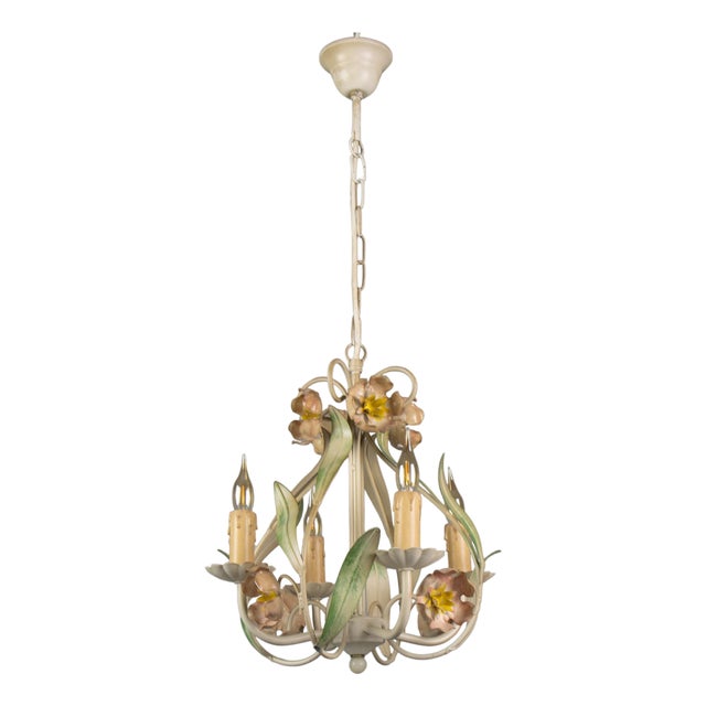 Hollywood Regency Style Floral Painted Metal Four-Light Chandelier, France For Sale