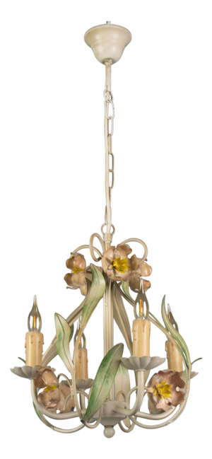 Hollywood Regency Style Floral Painted Metal Four-Light Chandelier, France