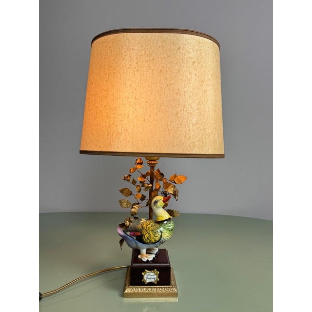 Metal Italian Hollywood Regency Porcelain Waterbird Table Lamp with Sculptural Brass Foliage attributed to Giulia Mangani, Italy, 1970s For Sale - Image 7 of 16