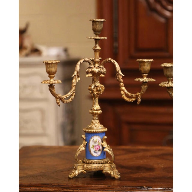 French Pair of 19th Century French Louis XVI Gilt Bronze and Porcelain Candelabras For Sale - Image 3 of 8