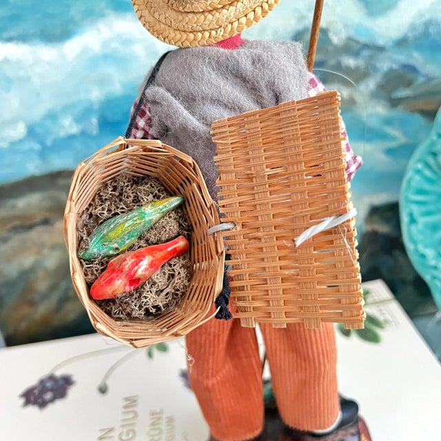 Burnt Umber Vintage French Clay Santon Sculpture of a Fisherman With Basket of Fish For Sale - Image 8 of 10