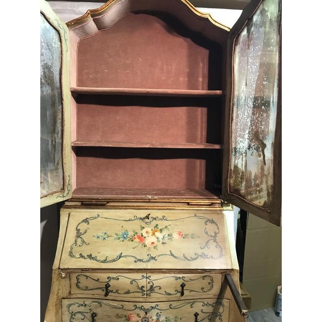 Gold Antique Venetian Painted Secretary Bookcase with Floral Decoration, 1800 For Sale - Image 8 of 10
