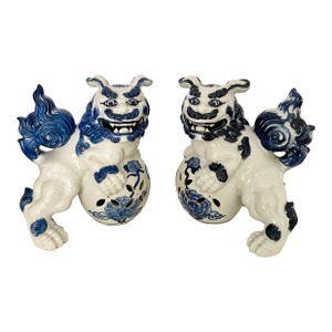 Pair of Blue and White Foo Dogs