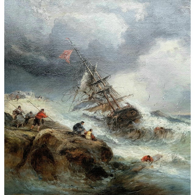 Textile French School - 1874 - Shipwreck - Seascape - Romantism - Oil on Canvas - Monogrammed For Sale - Image 7 of 12