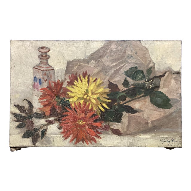 Charley Garry, Still Life with Ceramics and Dahlias, 1920s, Oil on Canvas For Sale