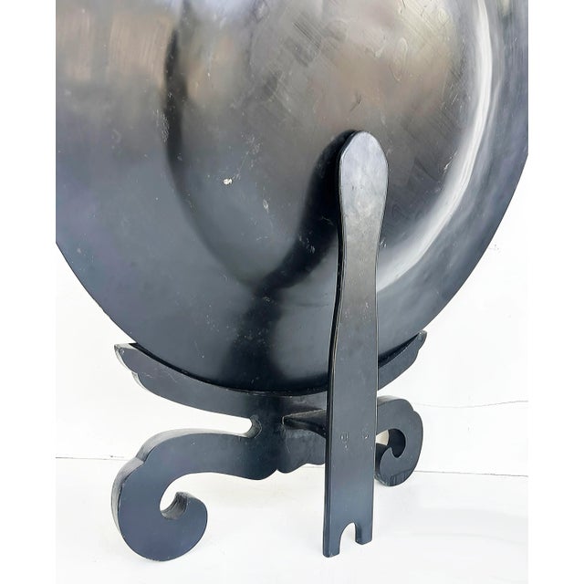Large Late 20th Century Asian Black Lacquer Gilt Wood "Bird" Charger on Stand, Hand Painted For Sale - Image 9 of 9
