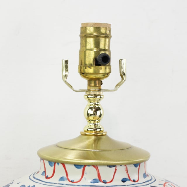 Pair of Vintage Brunschwig & Fils Cadiz Table Lamps - Blue and Cream Ceramic With Boar and Deer Motif For Sale - Image 11 of 15