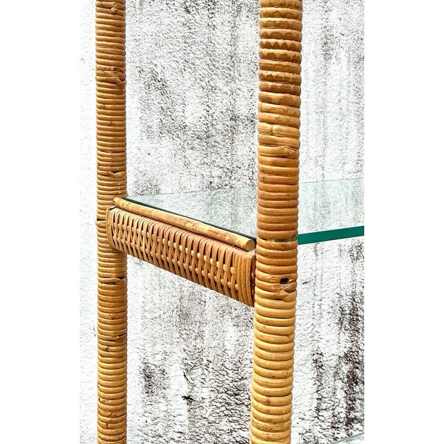 Billy Baldwin Vintage Boho Curved Cornered Wrapped Rattan Etagere - A Pair For Sale - Image 4 of 8