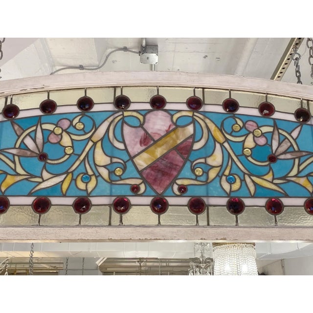 Vintage Arched 29 Jewels Stained Glass Transom Window For Sale - Image 4 of 8
