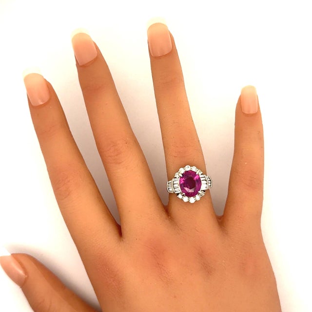 Metal 4.41 Carat Vivid Purplish Red Ruby Diamond Platinum Ring, Aigs Certified, Size 5.75 For Sale - Image 7 of 7