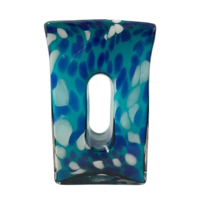 Mid-Century Modern VTG Murano Rectangle Blue Vase 10” Art Glass Donut Hole Dual-Chamber Retro For Sale - Image 3 of 7