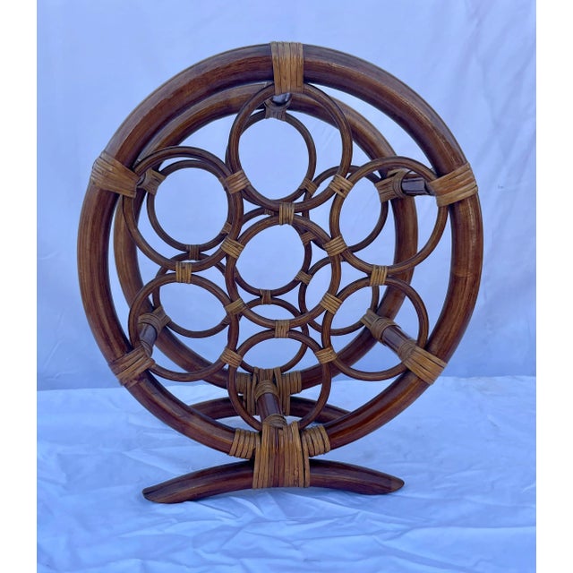 Wood Boho Chic Tiki Bar Seven Bottle Wine Rack, Wine Storage Wine Basket in Wicker & Bamboo For Sale - Image 7 of 8