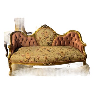 Grand French Louis XV Sofa With Blush Velvet, Floral Damask Upholstery & Hand-Gilded Gold Leaf Frame For Sale