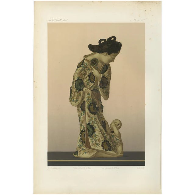 Japanese Woman in Traditional Kimono and Child Figurine, 1884, Lithograph on Paper For Sale