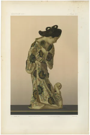 Japanese Woman in Traditional Kimono and Child Figurine, 1884, Lithograph on Paper