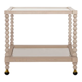 Matthew Izzo Home Isadore Cerused Oak Bar Cart With Glass Top and Shelf and Brass Casters For Sale