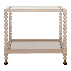 Matthew Izzo Home Isadore Cerused Oak Bar Cart With Glass Top and Shelf and Brass Casters