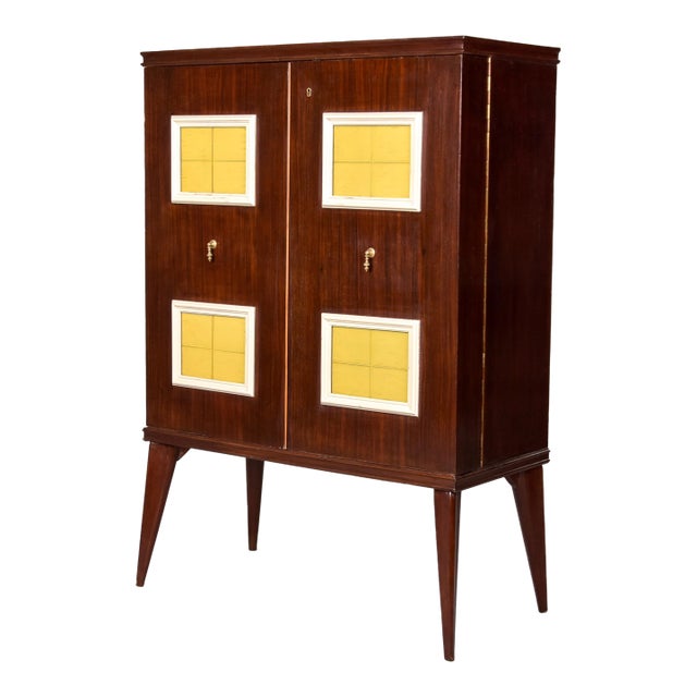 Tall Mid Century Italian Bar Cabinet With Yellow Glass Panels and Mirrored Interior For Sale