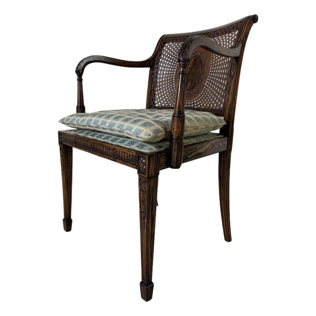 Vintage Hollywood Regency Faux Grain Painted Armchair With Cane Back & Upholstered Seat For Sale