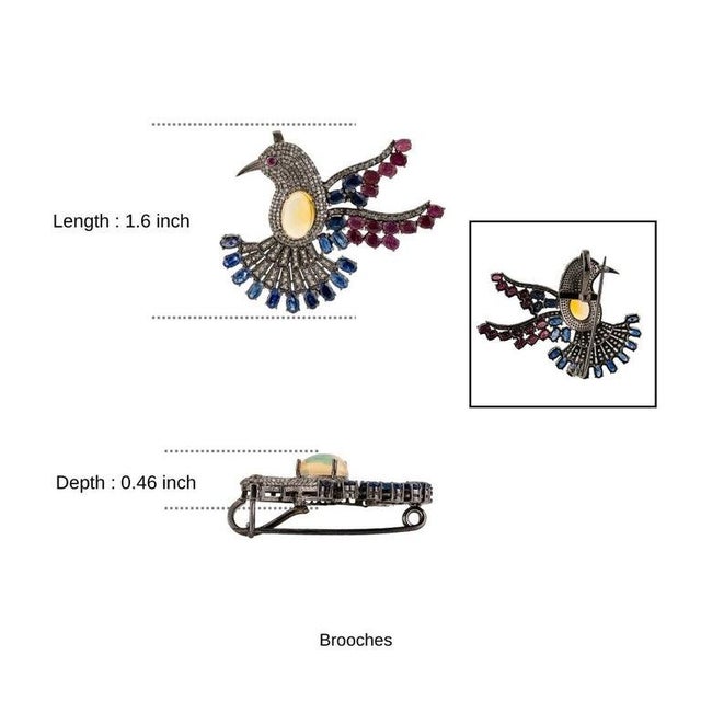 Vintage-Inspired Opal Ruby Sapphire and Diamond Bird Brooch Cum Pendant For Sale - Image 10 of 12