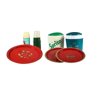 Thermos, Trays & Plastic Advertising Ice Buckets, Italy, 1980s, Set of 7