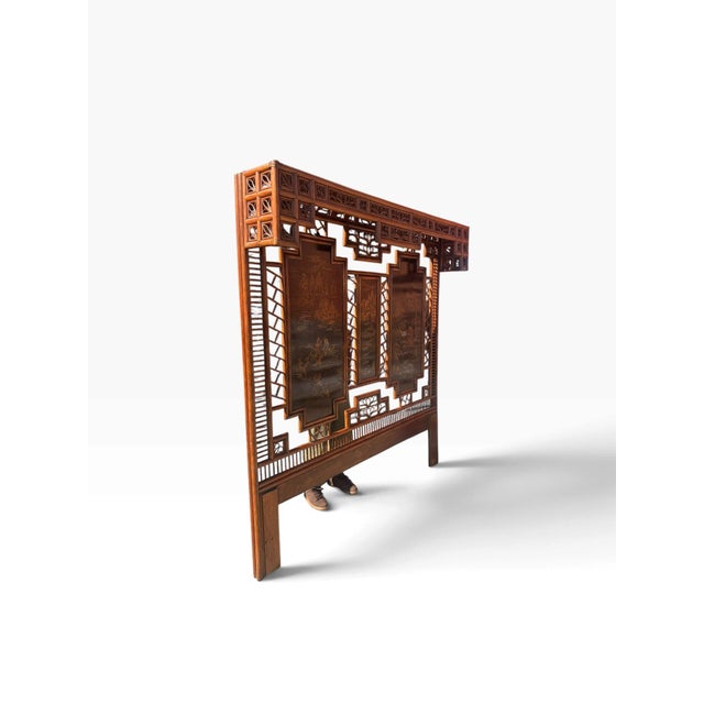 1970s 1970s Henredon Chinoiserie Bamboo King Headboard With Gilt Landscape Panels For Sale - Image 5 of 12