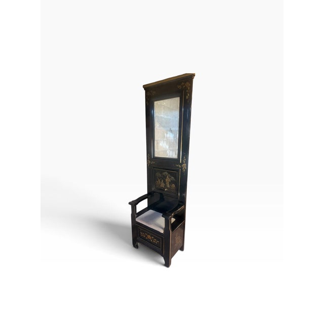 Vintage Black Lacquer Chinoiserie Hall Tree With Mirror and Mohair Upholstered Seat For Sale In Boston - Image 6 of 11