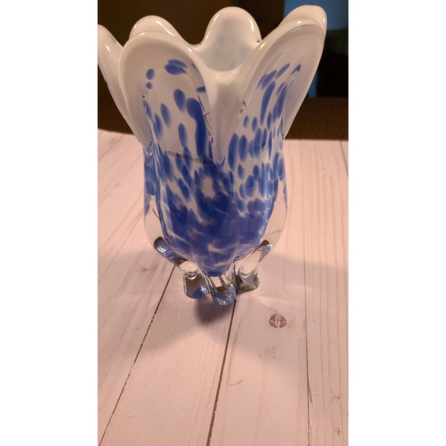 Mid-Century Modern Vintage MCM Royal Gallery Polish Glass 8.5" Vase White and Blue Speckled Vase For Sale - Image 3 of 4