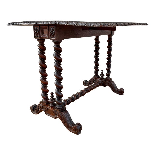 1920s Spanish Baroque Revival Drop-Leaf Table With Carved Barley Twist Legs For Sale