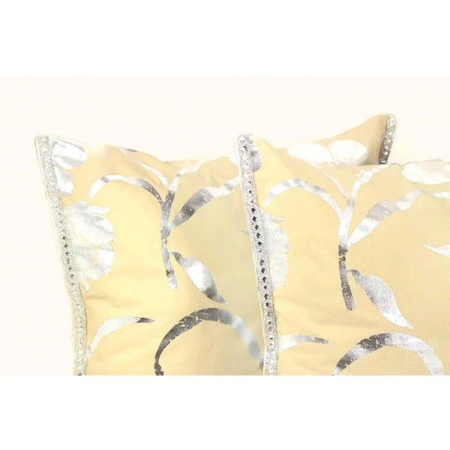 Hand-Painted Silver Floral Pillow For Sale - Image 4 of 13