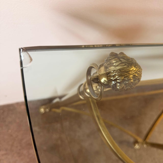 Metal Brass Labarge Demilune Lion’s Head Table With Glass For Sale - Image 7 of 8
