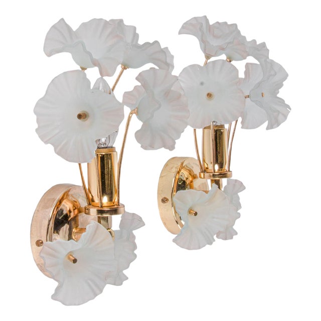 Hibiscus Brass Wall Sconces with Glass Flowers, Italy, 1970s, Set of 2 For Sale
