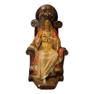 Antique Polychrome Plaster Sacred Heart of Jesus Sculpture, 19th Century For Sale