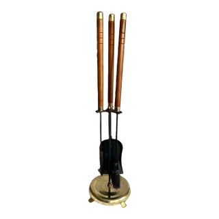 Mid Century Brass Iron Fire Place Set/ Wood Handle Fireplace Tool Set/ 3 Piece Fireplace Tools/ Seymour Manufacturing Co. For Sale