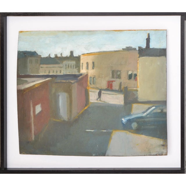 Signed and Framed Cityscape Acrylic Painting on Board made in America circa 1970s. Depicting a Man walking empty Streets...