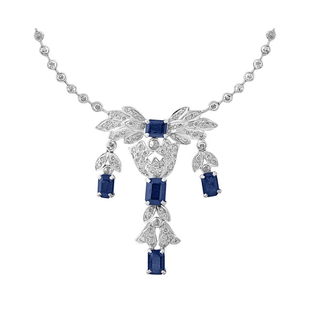 Blue Agi Natural Blue Sapphire & Diamond Necklace 18 Karat White Gold, Suite, Estate For Sale - Image 8 of 8