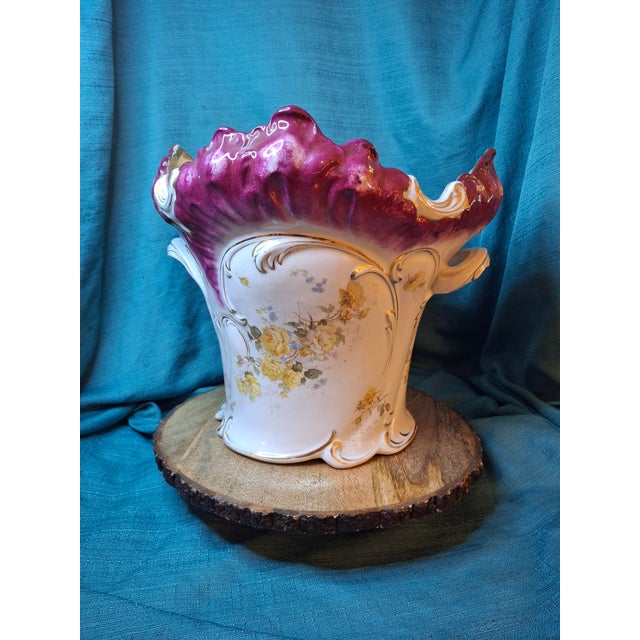 Antique Victorian Porcelain Jardinière Planter Centerpiece Yellow Roses Gold Gilt Plum 11" For Sale - Image 17 of 18