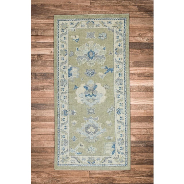 Early 21st Century Green & Blue Floral Design Handwoven Wool Turkish Oushak Rug 2'11" X 6'1" For Sale In Houston - Image 6 of 7