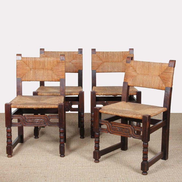 French Wood and Straw-Seated Chairs, 1940s, Set of 4 For Sale - Image 12 of 12