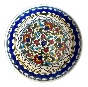 Vintage 1980s Jerusalem Art Pottery Hand Painted Floral Artisan Ceramic Decorative Serving Bowl